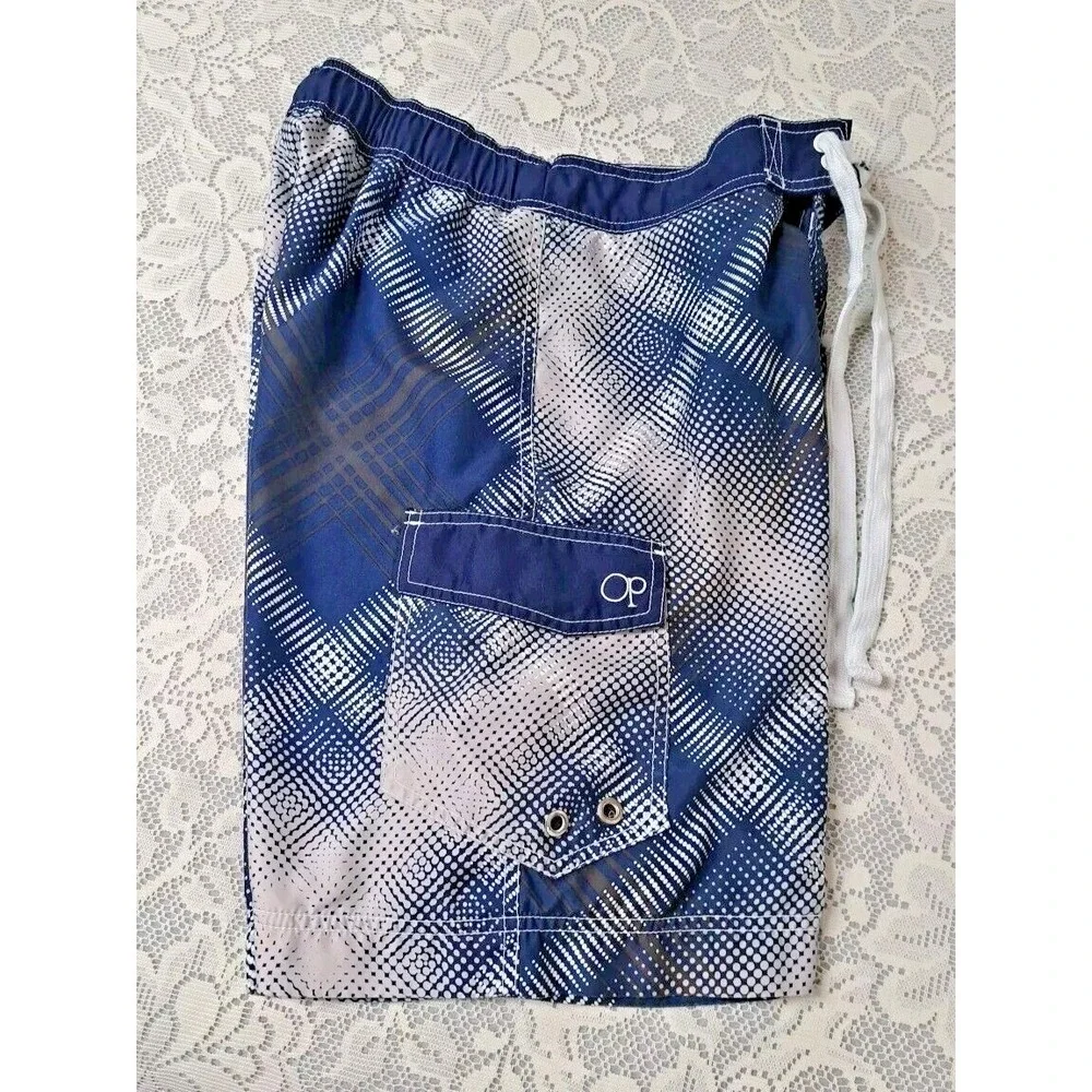 OP Swim‎ Trunks Men's Sz Small Board Shorts Lined Blue Allover Geometric Pattern
